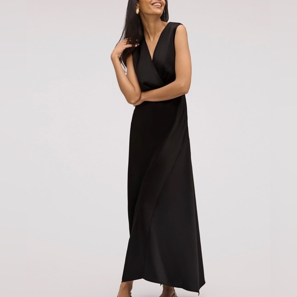 Sam Edelman Elegant Black Satin V Neck A Line Maxi Dress